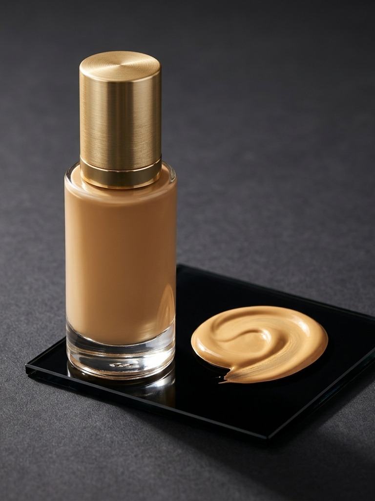 Glass foundation bottle with a gold cap beside a swatch on black glass