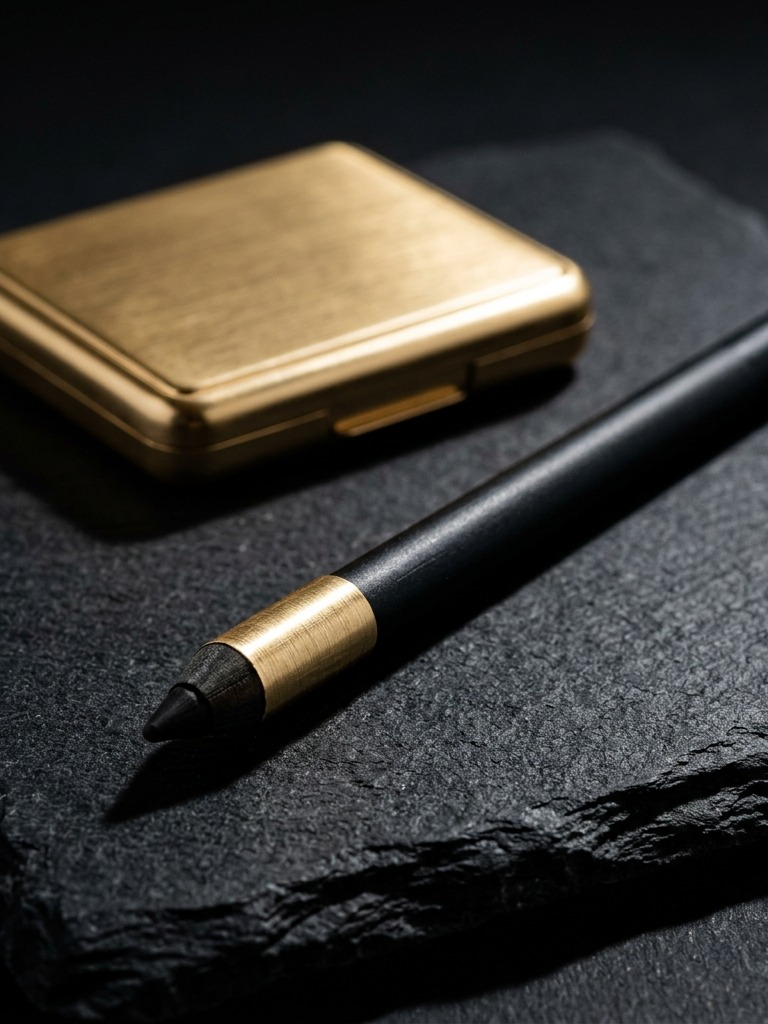 Black kohl pencil with a gold band beside a gold compact on dark slate