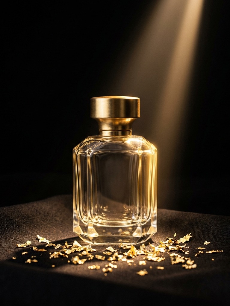 Faceted glass perfume flacon with a gold cap in a shaft of warm light