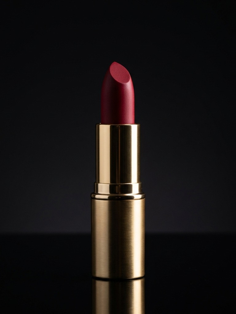Deep crimson lipstick bullet in a brushed gold case on a black surface