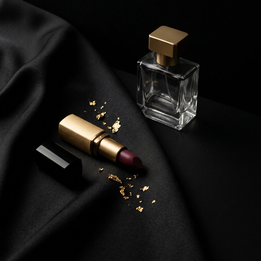 Gold refillable lipstick case and a clear glass flacon on black silk, scattered with gold leaf