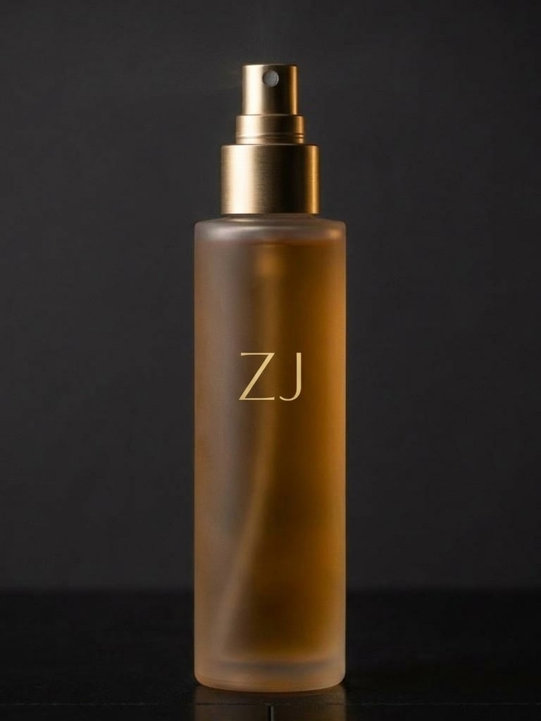 Amber Veil Hair & Body Mist: a frosted glass bottle of amber liquid with a brushed gold spray cap
