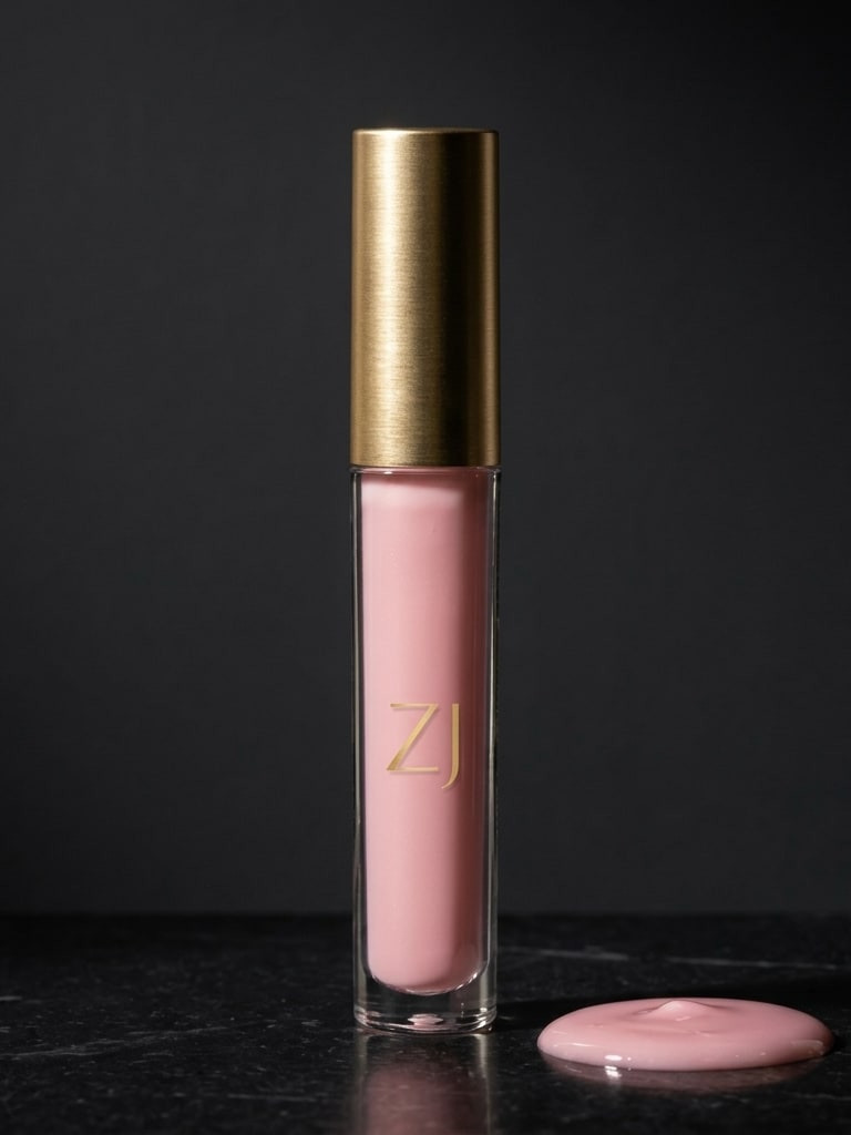 Glass Rouge Lip Gloss: a clear tube of pale pink gloss with a gold cap, beside a glossy drop of the same gloss
