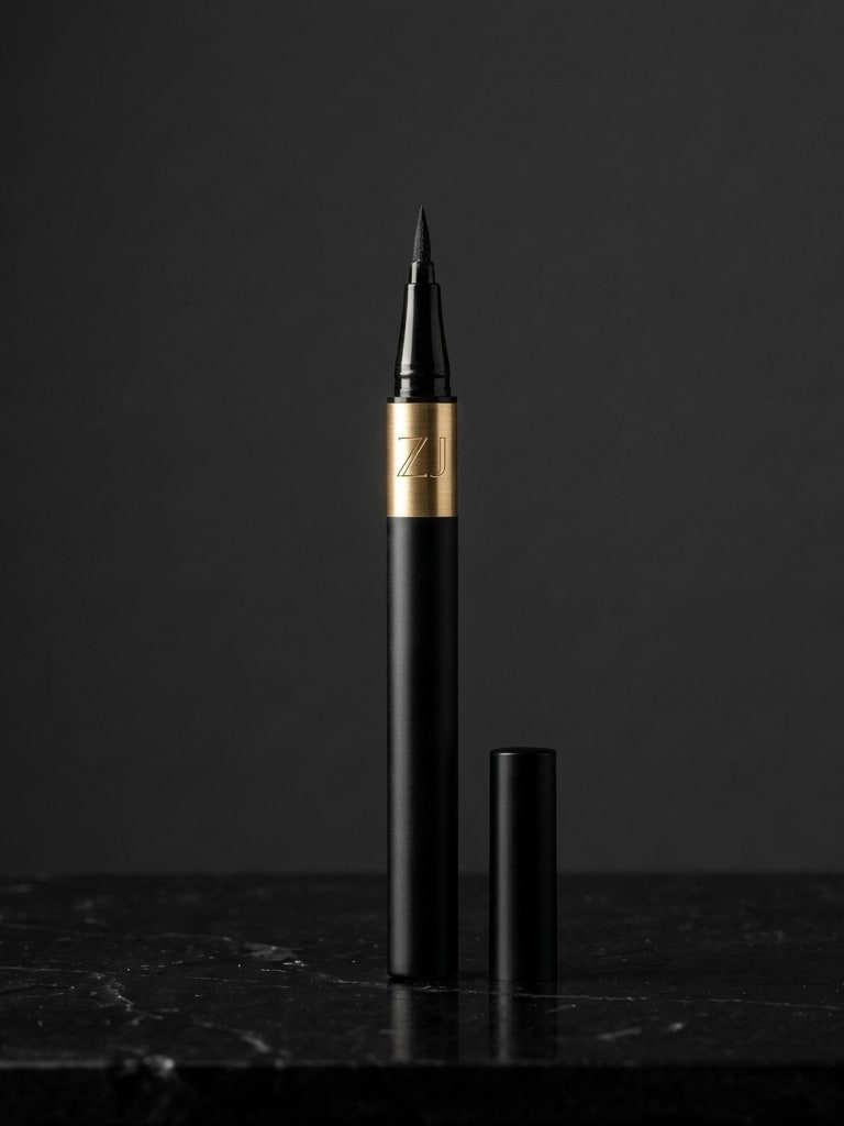 Ink Line Liquid Eyeliner: a black liner pen with a gold band standing upright, its cap off and fine tip exposed