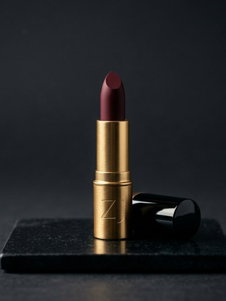 Nightfall Matte Lipstick: a deep burgundy matte bullet in a brushed gold case, its black cap lying on the stone beside it