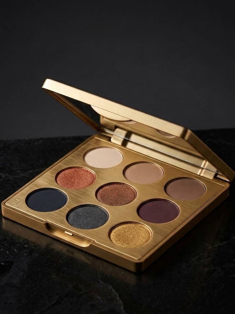 Nine Shadows Palette: an open brushed gold palette of nine pressed powder pans, from bone through copper to gold