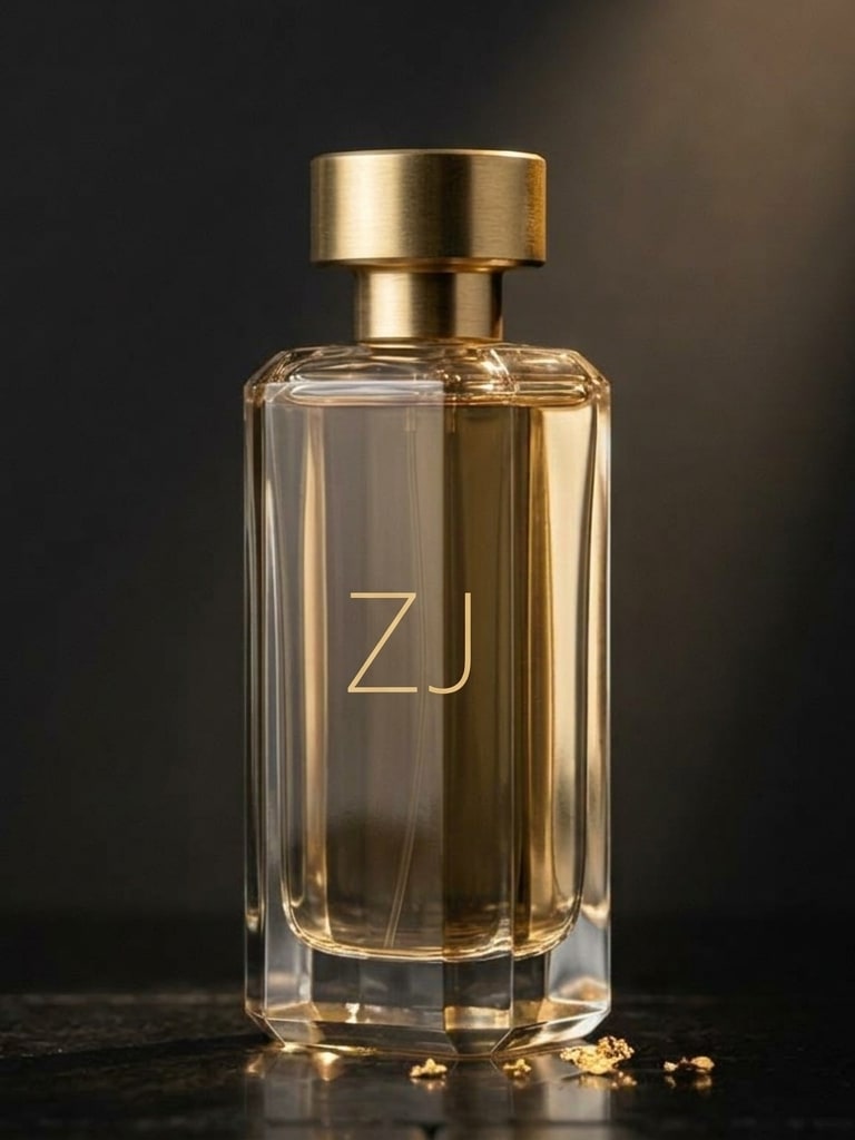 Nocturne Eau de Parfum: a tall faceted glass flacon with a heavy gold cap in a shaft of warm light, gold flakes on the stone