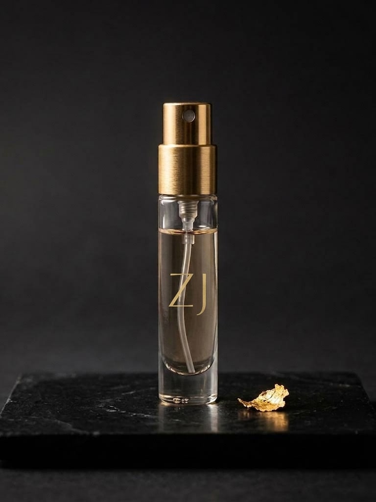 Nocturne Travel Spray: a purse-size glass spray vial with a brushed gold cap beside a single gold flake