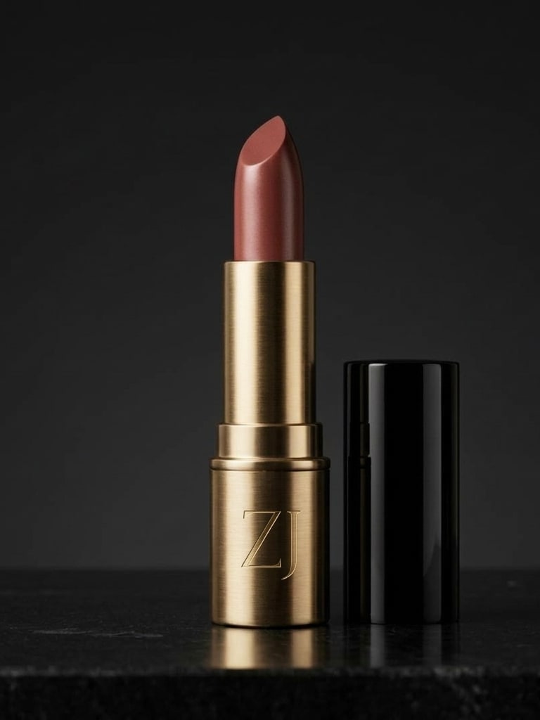 Rouge Silk Lipstick: a rosewood satin bullet in a brushed gold case beside its standing black cap