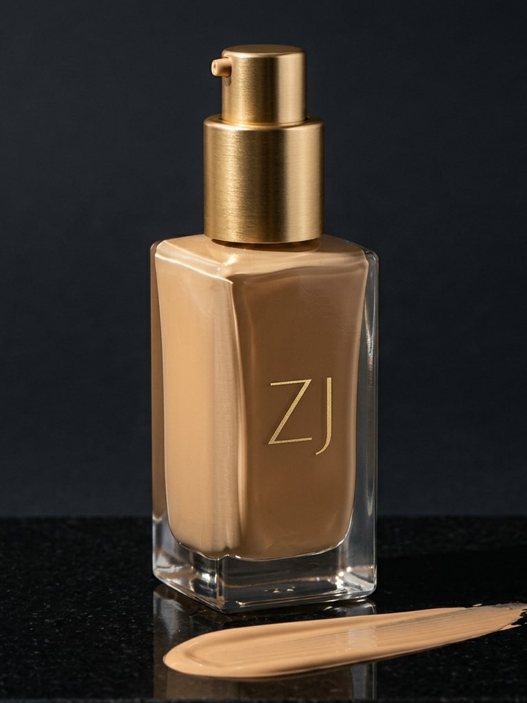 Second Skin Foundation: a square-shouldered glass bottle with a brushed gold pump beside a stripe of warm beige foundation