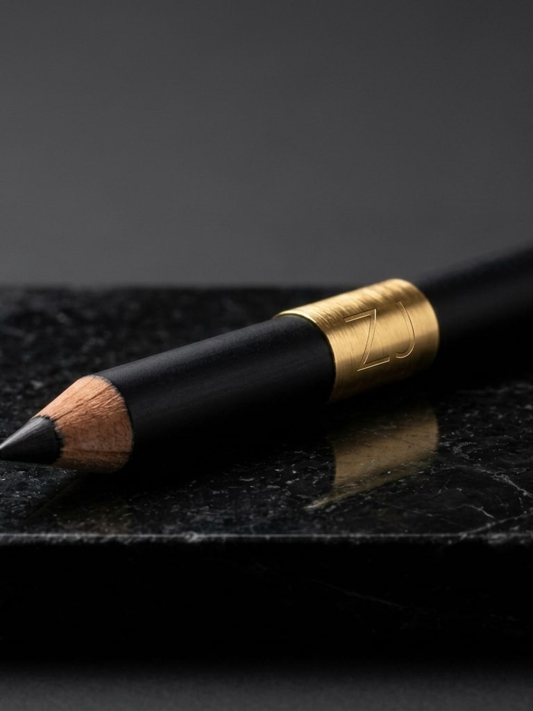 Smoke Kohl Pencil: a freshly sharpened black kohl pencil with a brushed gold band, resting on dark slate