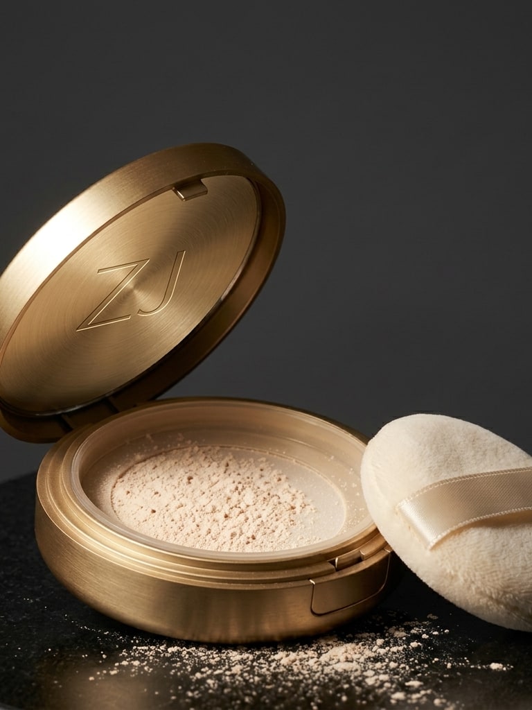 Soft Focus Setting Powder: an open round gold compact of pale loose powder with an ivory puff resting beside it
